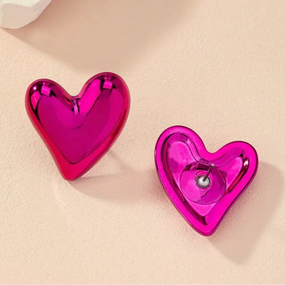 Fuschia Chrome Heart Earrings - Picture 4 of 5